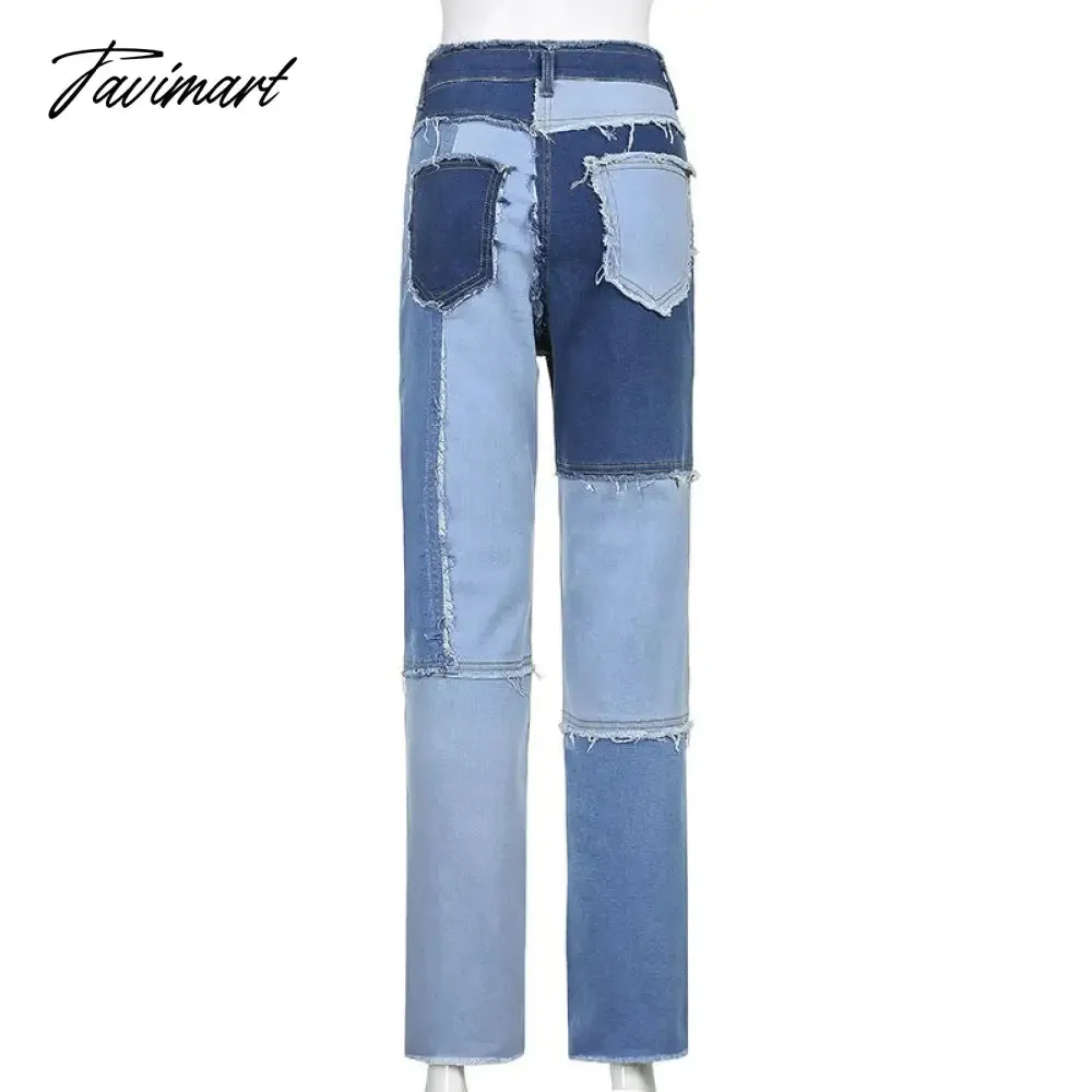 Tavimart Color Block Mom Jeans Women 90s Denim Blue Frayed Hem High Waist Straight-leg Panel Jean e-Girl Y2K Aesthetic Clothes