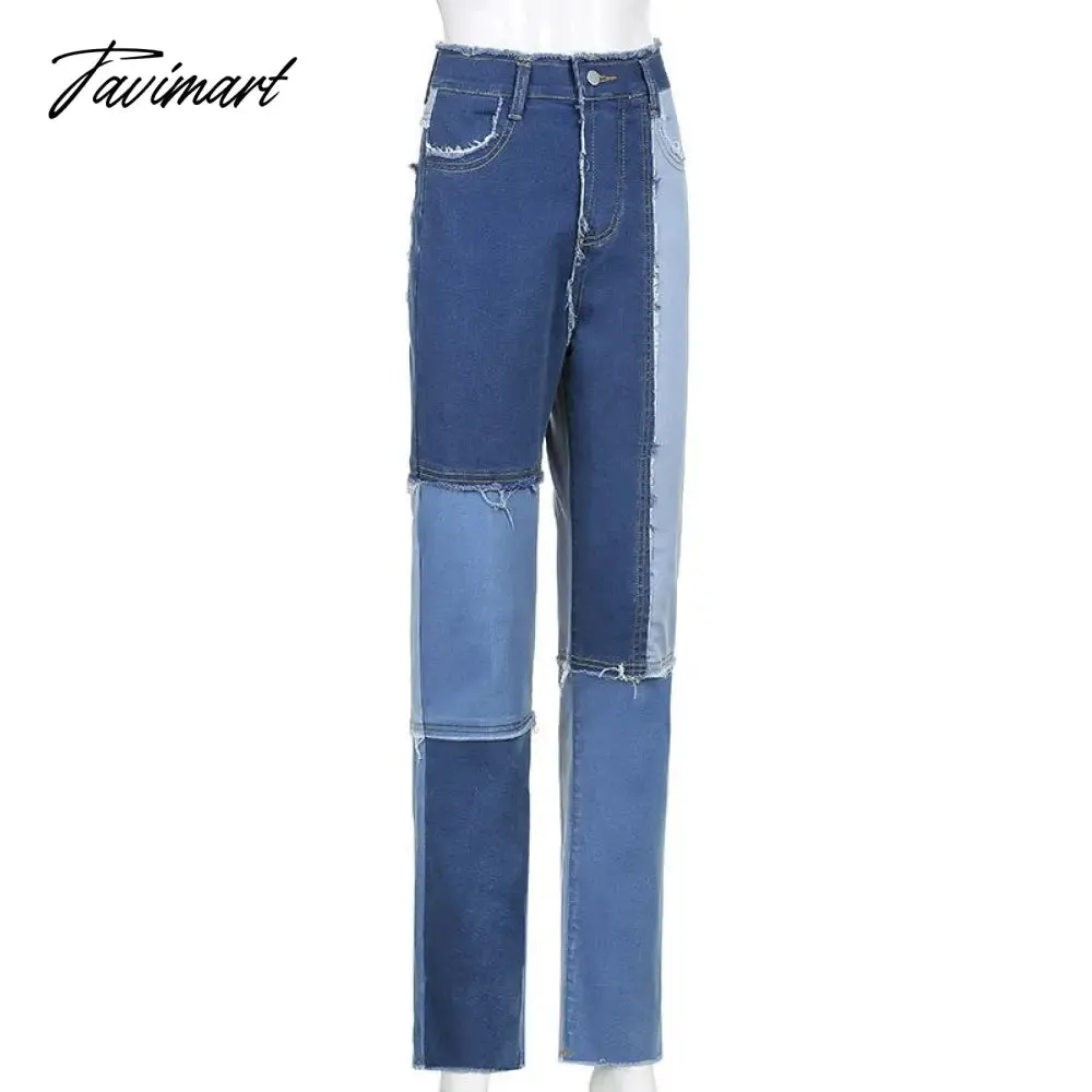 Tavimart Color Block Mom Jeans Women 90s Denim Blue Frayed Hem High Waist Straight-leg Panel Jean e-Girl Y2K Aesthetic Clothes