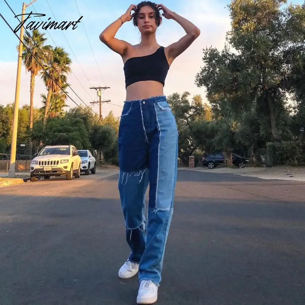 Tavimart Color Block Mom Jeans Women 90s Denim Blue Frayed Hem High Waist Straight-leg Panel Jean e-Girl Y2K Aesthetic Clothes