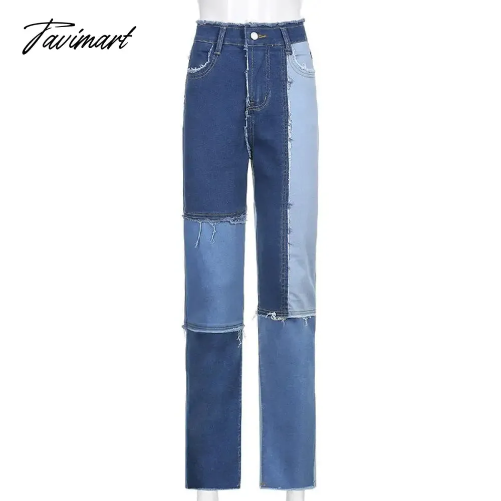 Tavimart Color Block Mom Jeans Women 90s Denim Blue Frayed Hem High Waist Straight-leg Panel Jean e-Girl Y2K Aesthetic Clothes