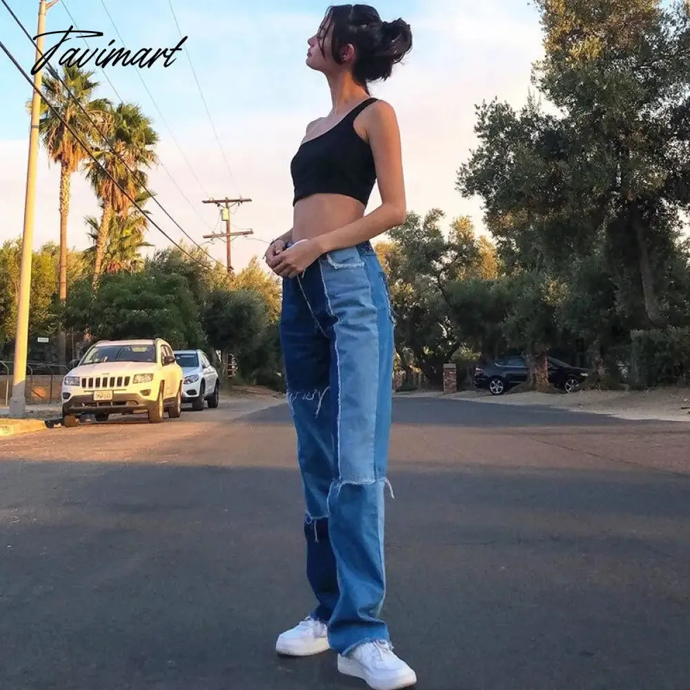 Tavimart Color Block Mom Jeans Women 90s Denim Blue Frayed Hem High Waist Straight-leg Panel Jean e-Girl Y2K Aesthetic Clothes