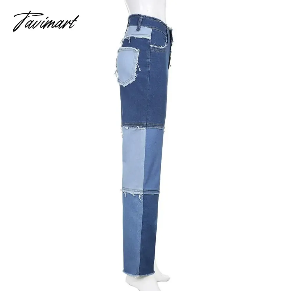 Tavimart Color Block Mom Jeans Women 90s Denim Blue Frayed Hem High Waist Straight-leg Panel Jean e-Girl Y2K Aesthetic Clothes