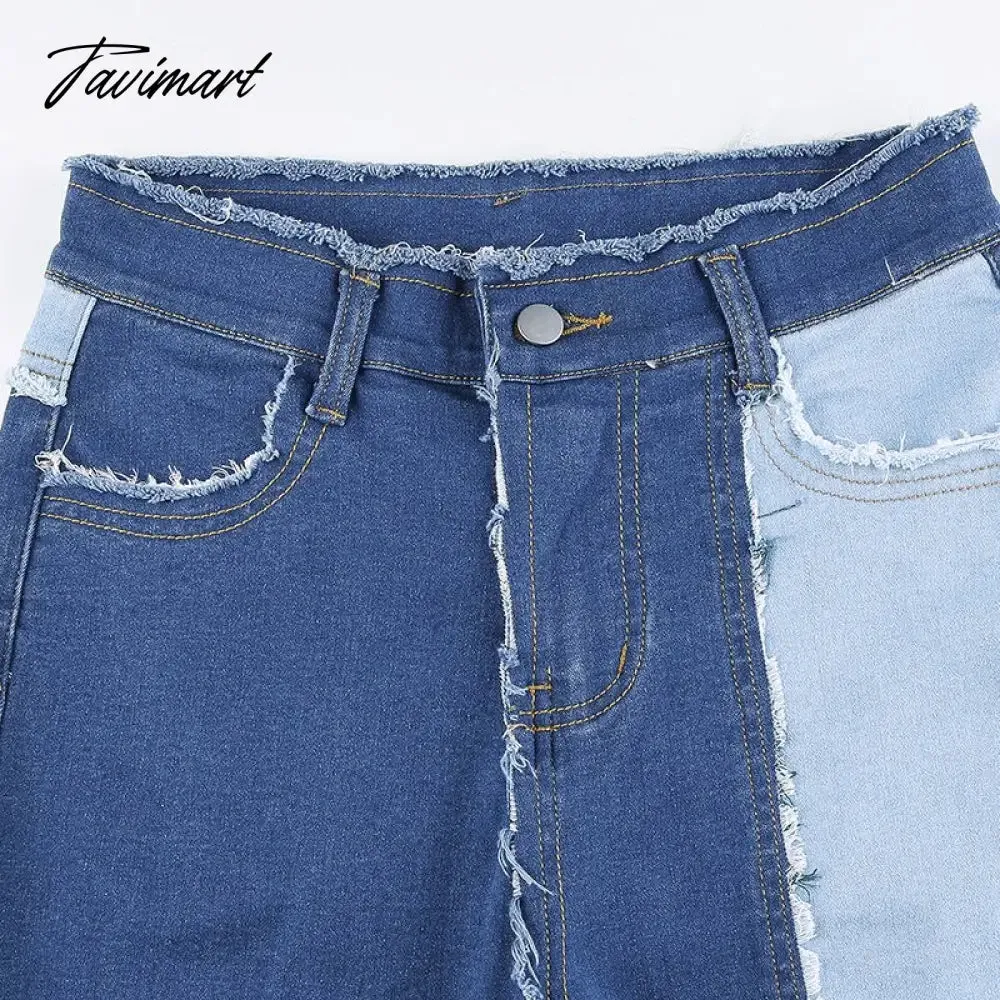 Tavimart Color Block Mom Jeans Women 90s Denim Blue Frayed Hem High Waist Straight-leg Panel Jean e-Girl Y2K Aesthetic Clothes