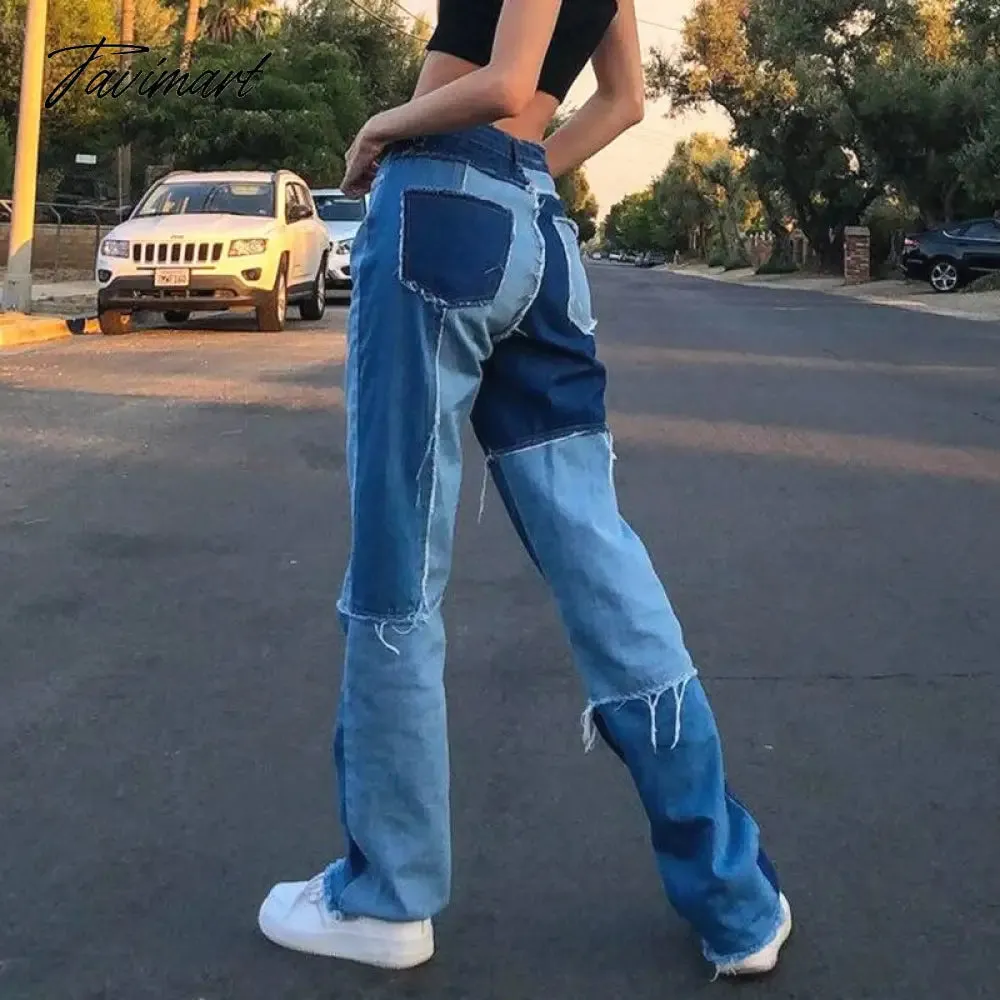 Tavimart Color Block Mom Jeans Women 90s Denim Blue Frayed Hem High Waist Straight-leg Panel Jean e-Girl Y2K Aesthetic Clothes