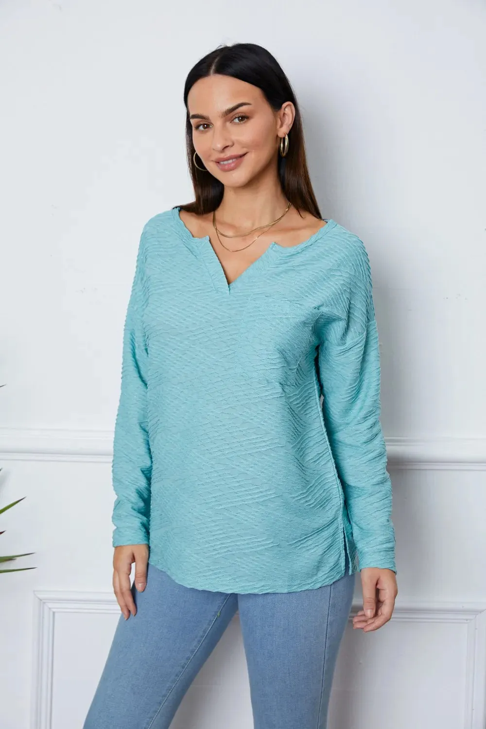 Texture Notched Drop Shoulder Top