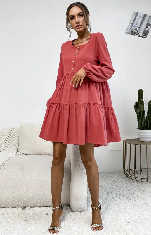 Tiered Ruffle Pleated Button Cotton Dress