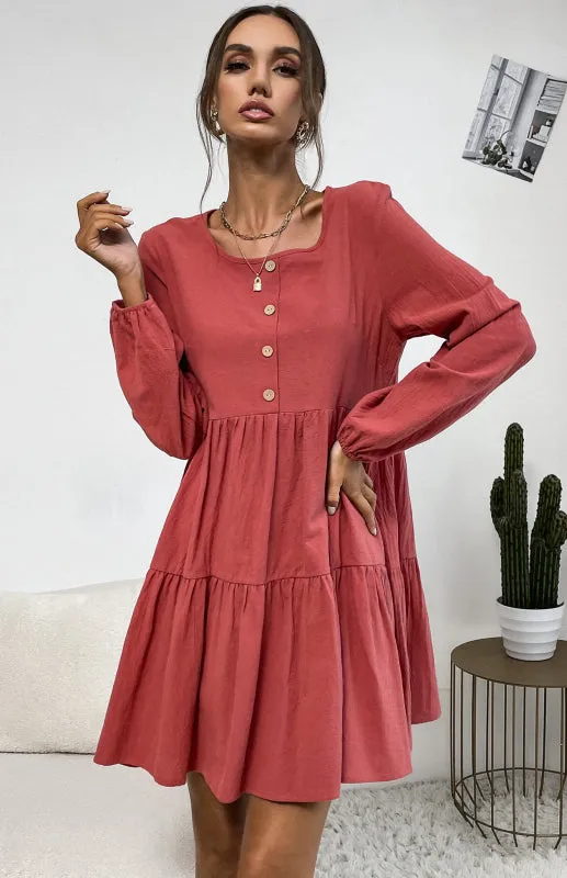 Tiered Ruffle Pleated Button Cotton Dress