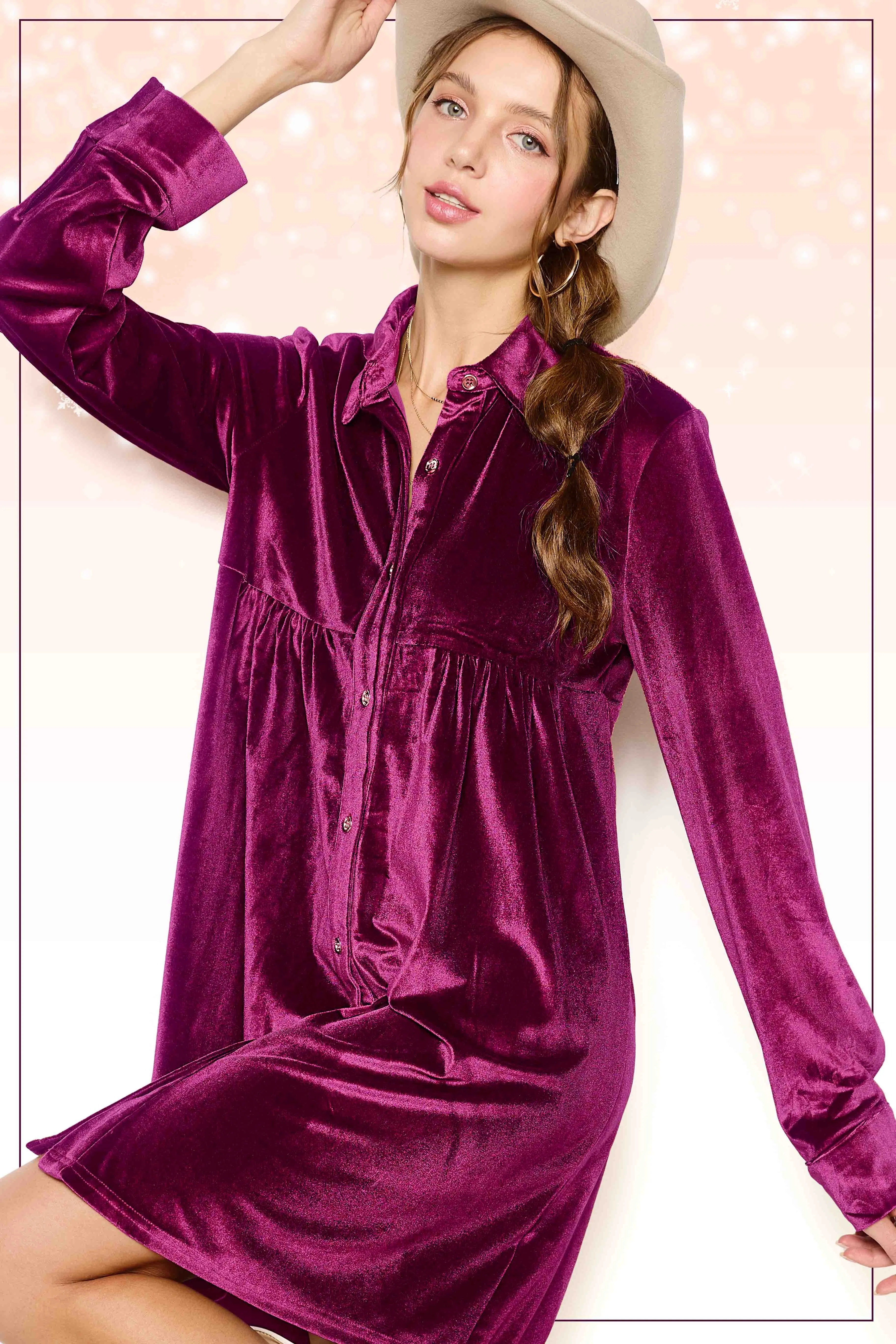 VELVET BUTTON DOWN DRESS RUBY