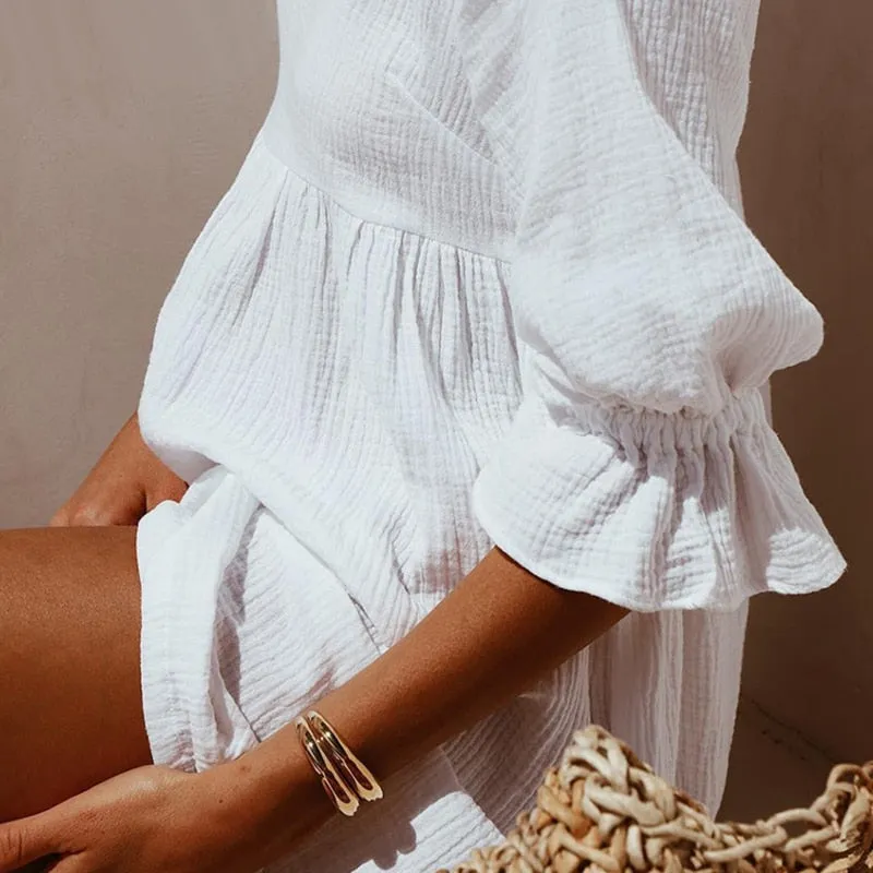 VenusFox Casual Stand Collar Flare Sleeve Ruffles Mini Dress Woman Loose  High Waist Sweet Cotton White Holiday Dress 2021 Summer