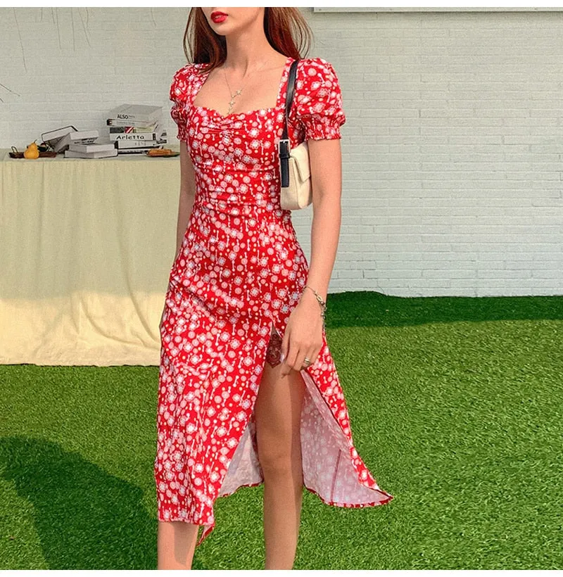 VenusFox Summer Vintage Party Dress Lady France Style Puff Sleeve Floral Print Square Collar Side Split Midi Dress 2021