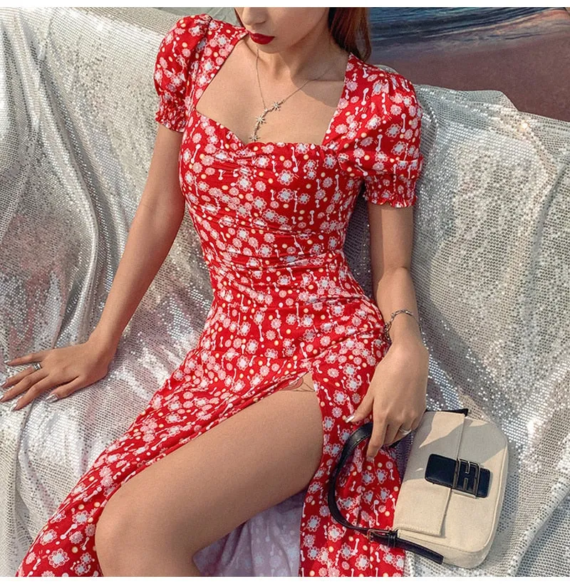 VenusFox Summer Vintage Party Dress Lady France Style Puff Sleeve Floral Print Square Collar Side Split Midi Dress 2021