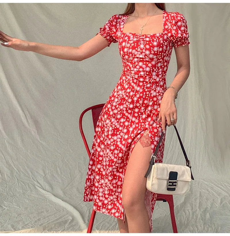 VenusFox Summer Vintage Party Dress Lady France Style Puff Sleeve Floral Print Square Collar Side Split Midi Dress 2021