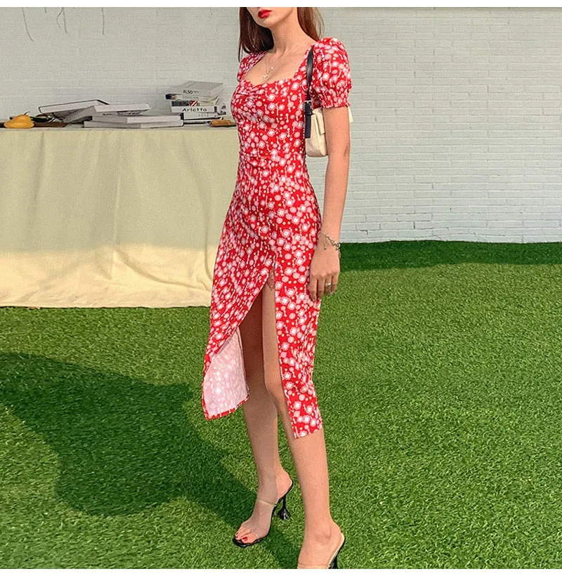 VenusFox Summer Vintage Party Dress Lady France Style Puff Sleeve Floral Print Square Collar Side Split Midi Dress 2021