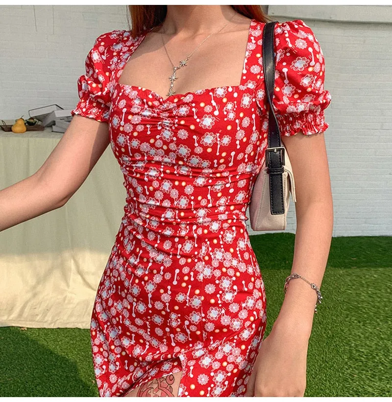 VenusFox Summer Vintage Party Dress Lady France Style Puff Sleeve Floral Print Square Collar Side Split Midi Dress 2021