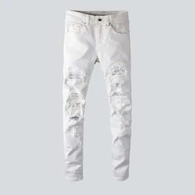 White crystal patchwork men's jeans