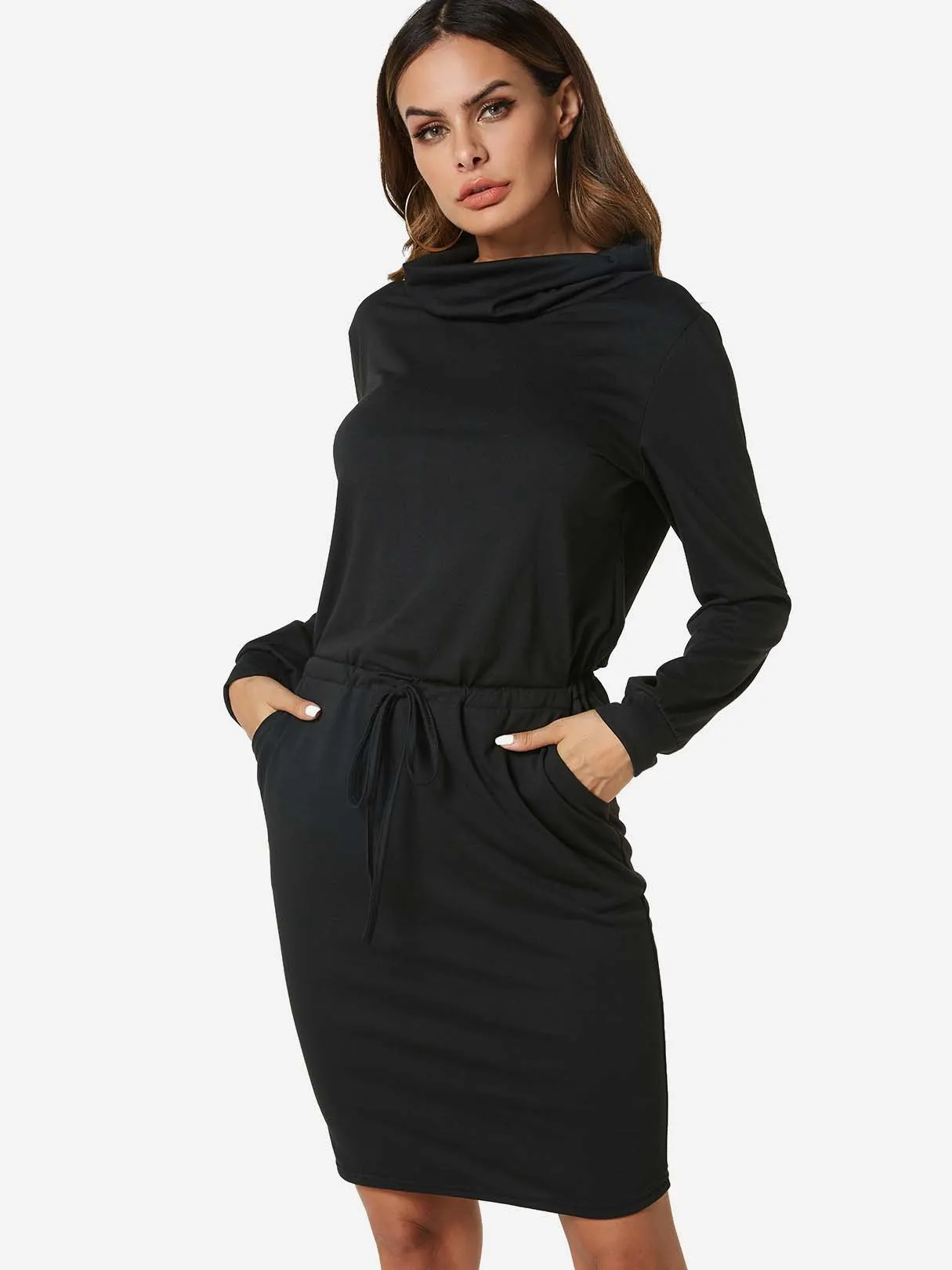 Wholesale Black High Neck Plain Side Pockets Self-Tie Casual Dress