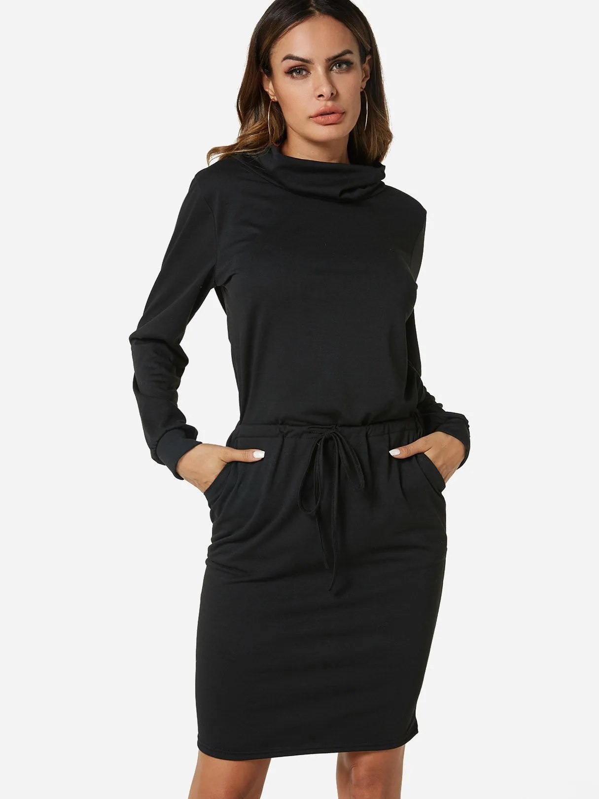 Wholesale Black High Neck Plain Side Pockets Self-Tie Casual Dress