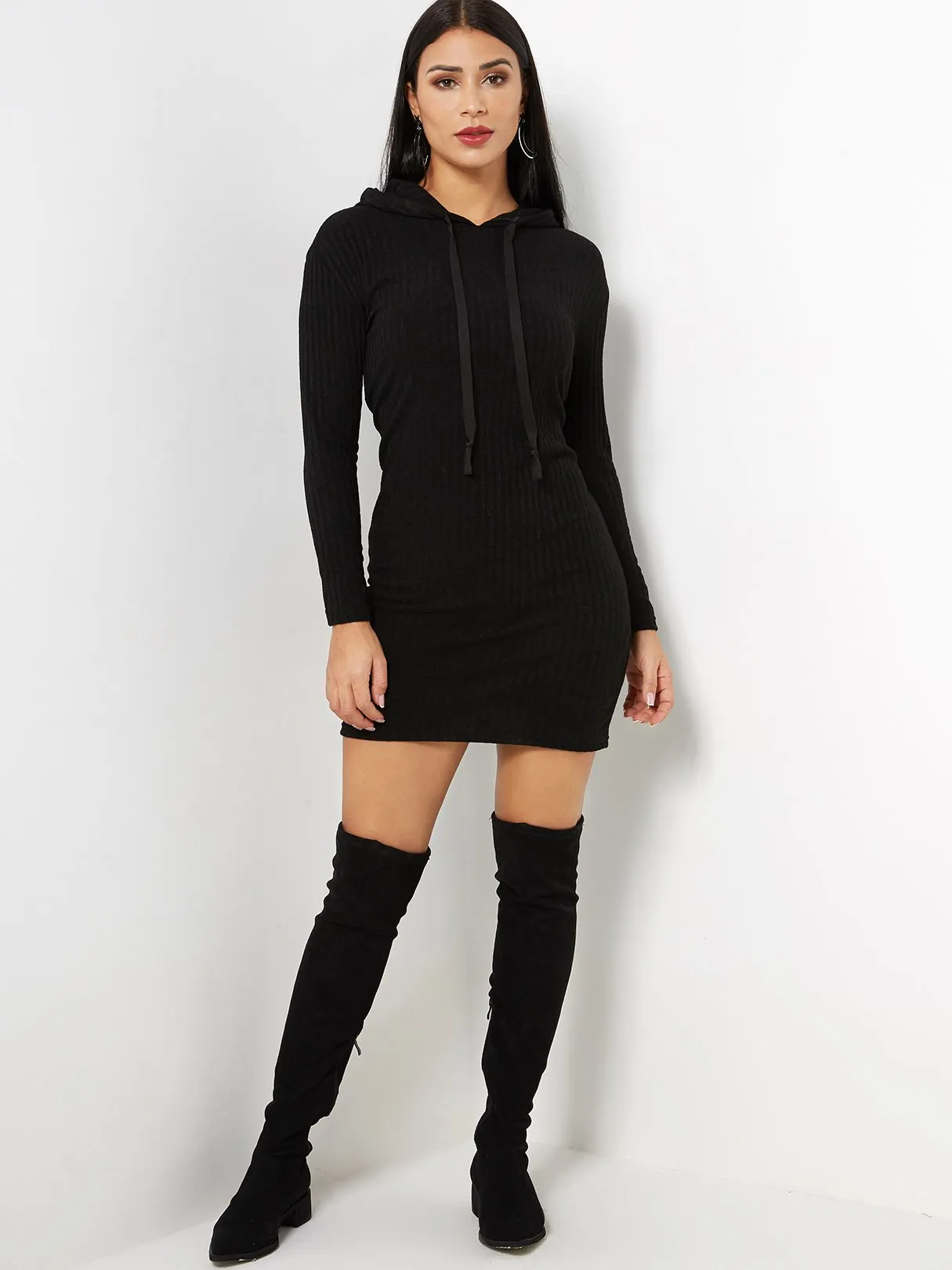 Wholesale Black Long Sleeve Hooded Casual Dress