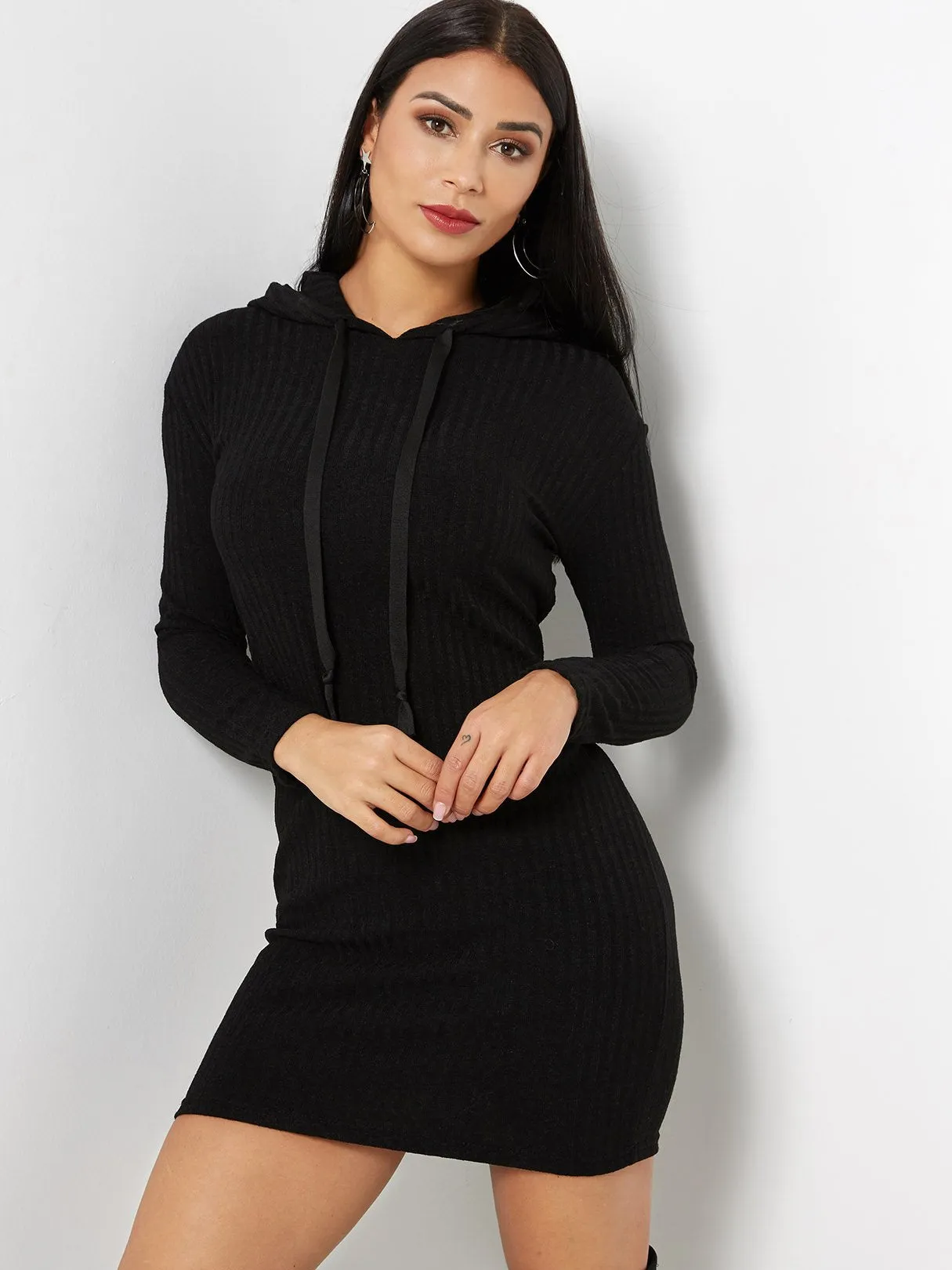 Wholesale Black Long Sleeve Hooded Casual Dress