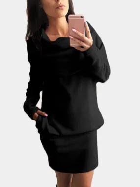 Wholesale Black Roll Neck Long Sleeve Side Pockets Casual Dresses