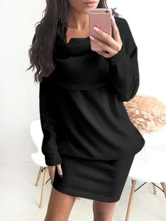 Wholesale Black Roll Neck Long Sleeve Side Pockets Casual Dresses