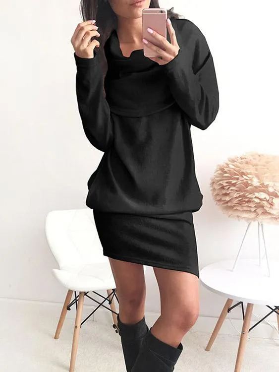 Wholesale Black Roll Neck Long Sleeve Side Pockets Casual Dresses