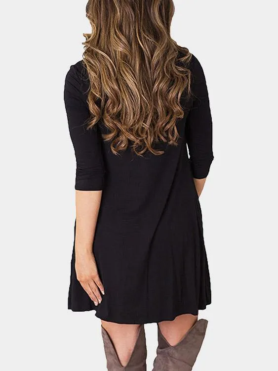 Wholesale Black Round Neck Long Sleeve Plain Casual Dress