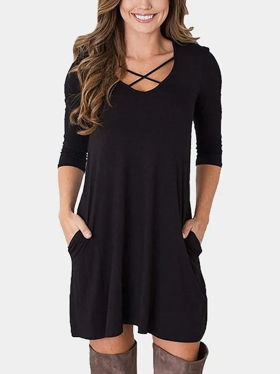 Wholesale Black Round Neck Long Sleeve Plain Casual Dress