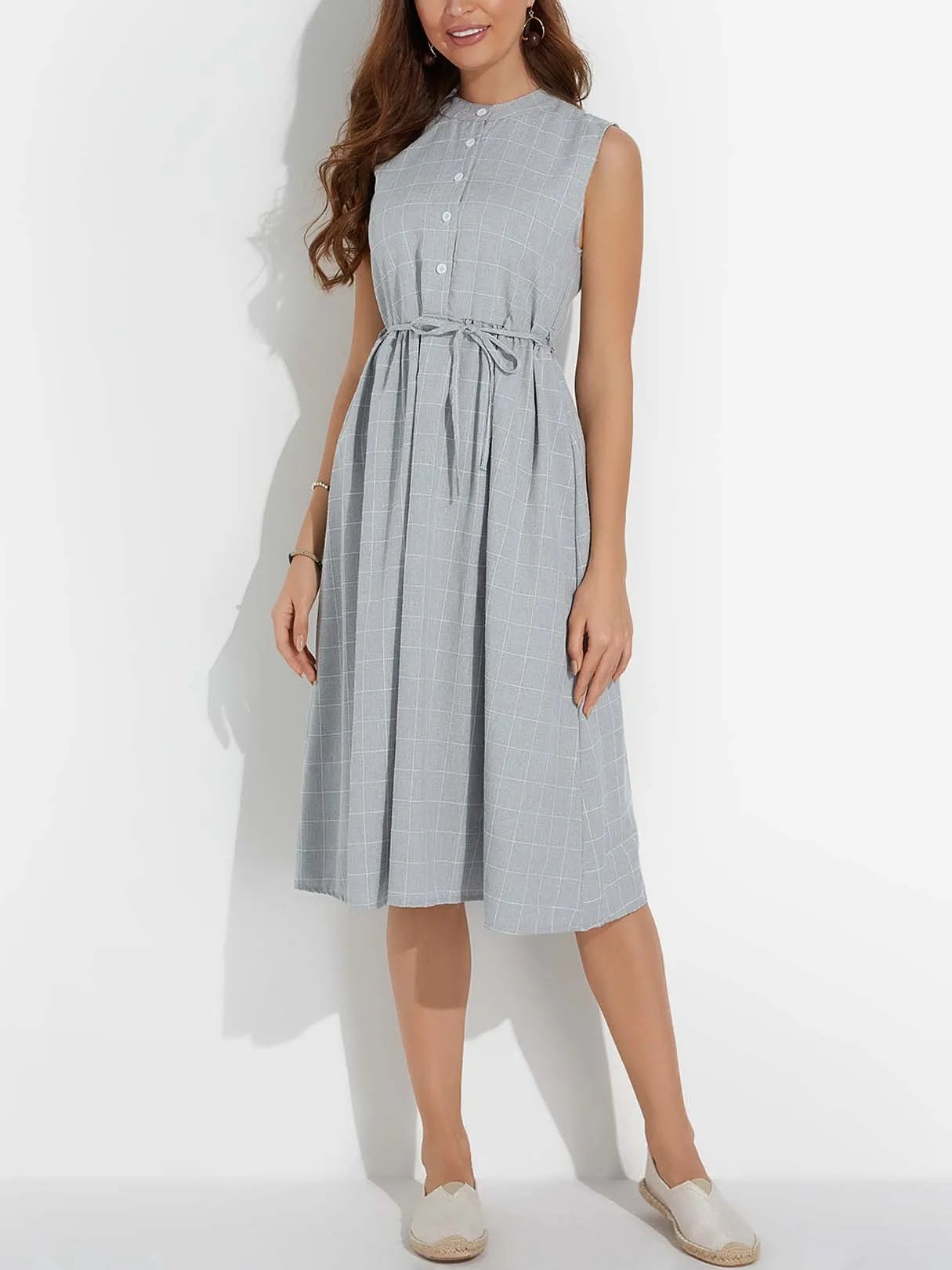 Wholesale Grey Round Neck Sleeveless Grid Self-Tie Casual Dress