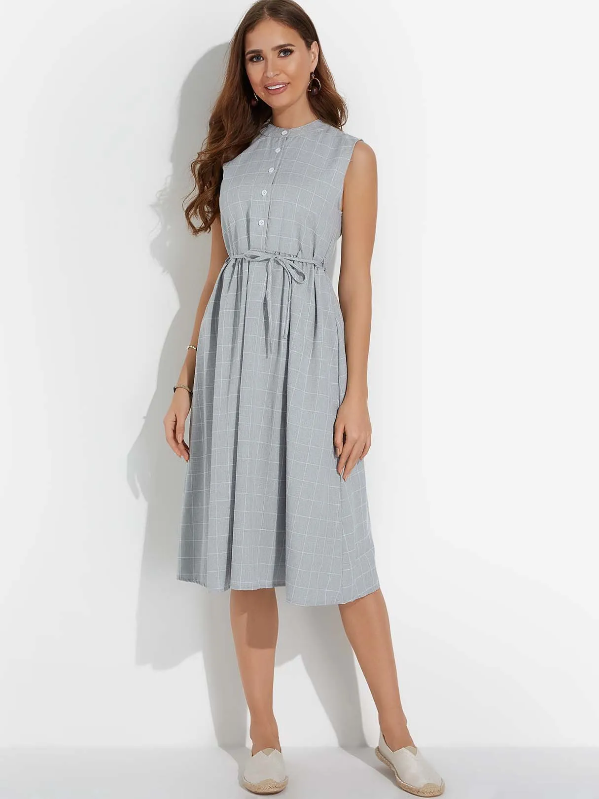 Wholesale Grey Round Neck Sleeveless Grid Self-Tie Casual Dress