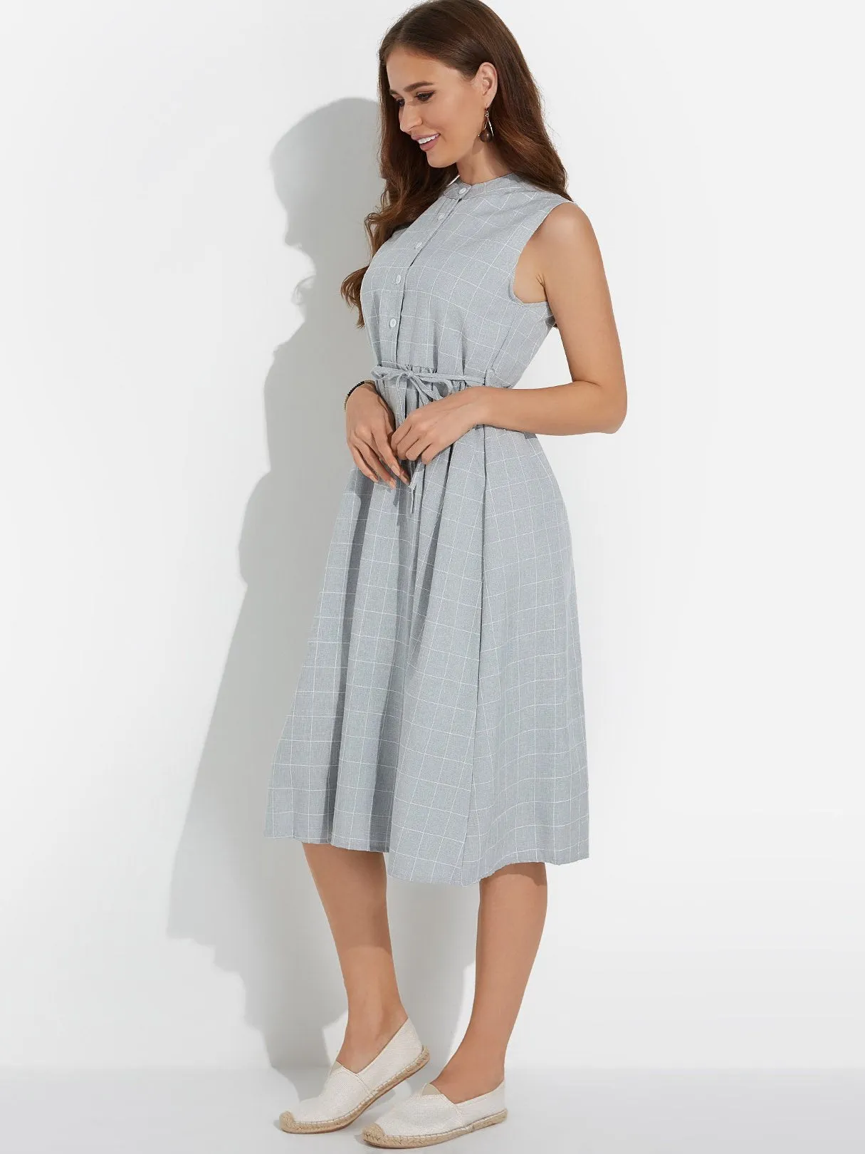 Wholesale Grey Round Neck Sleeveless Grid Self-Tie Casual Dress