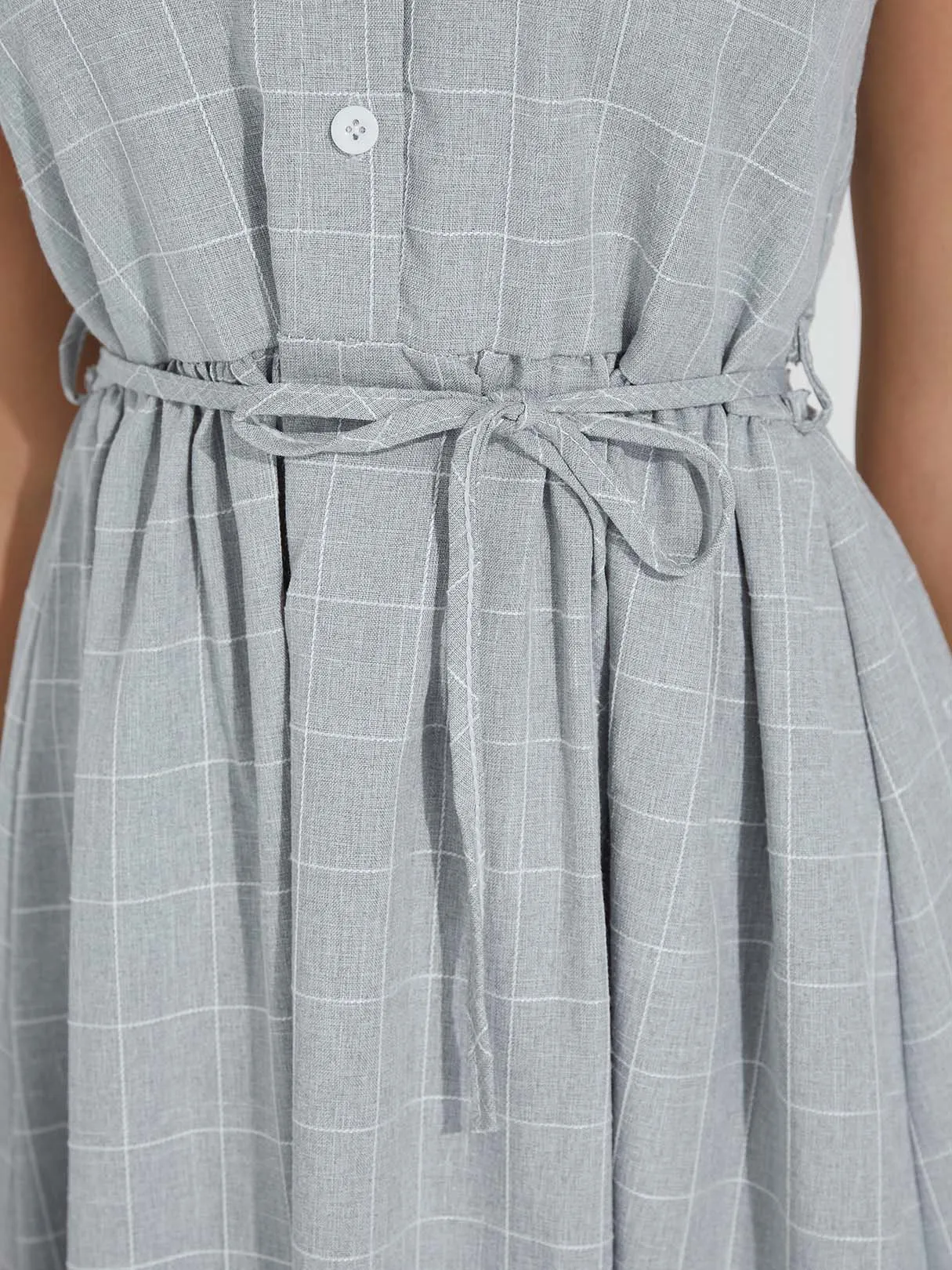 Wholesale Grey Round Neck Sleeveless Grid Self-Tie Casual Dress