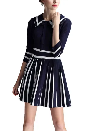 Wholesale Navy 3/4 Length Sleeve Stripe Ruffle Hem Casual Dress