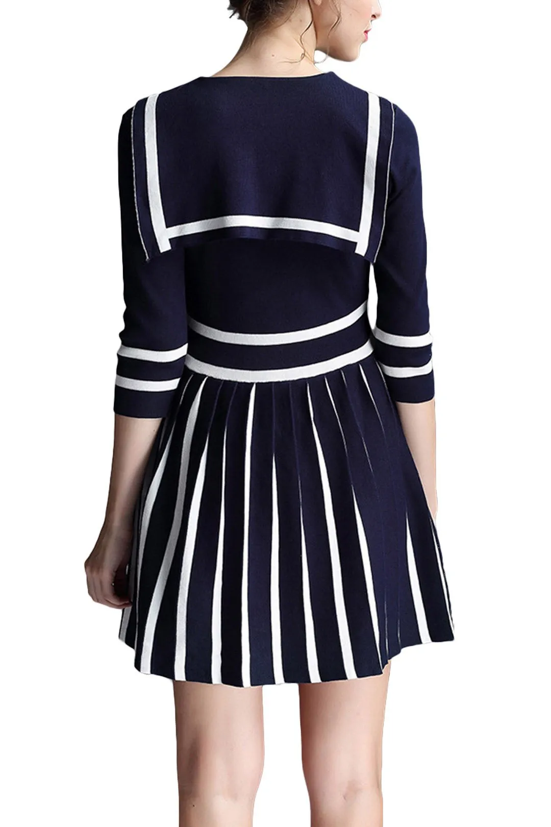 Wholesale Navy 3/4 Length Sleeve Stripe Ruffle Hem Casual Dress