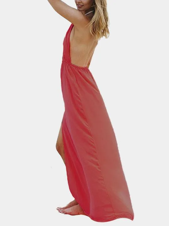 Wholesale Red Halter Sleeveless Plain Slit Hem Casual Dress