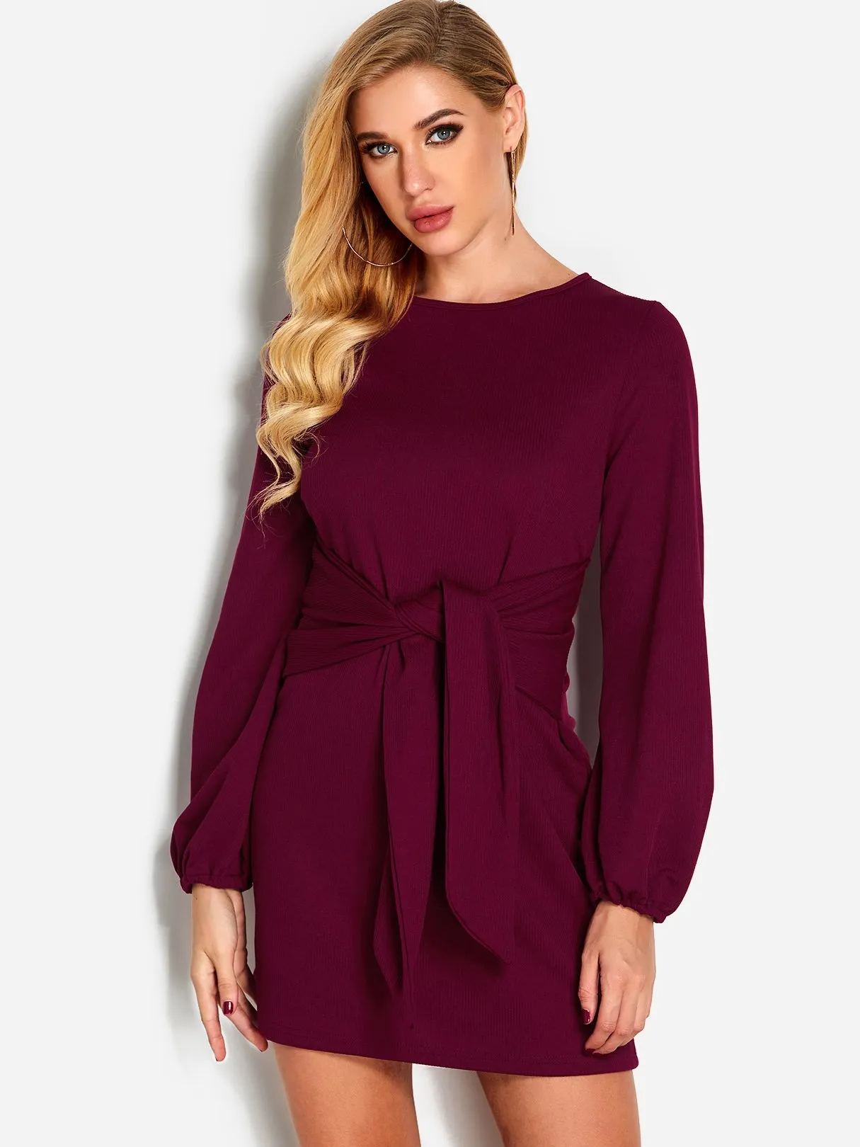 Wholesale Round Neck Long Sleeve Self-Tie Casual Dress