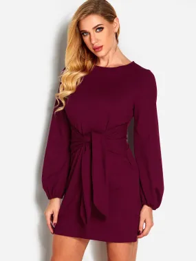 Wholesale Round Neck Long Sleeve Self-Tie Casual Dress