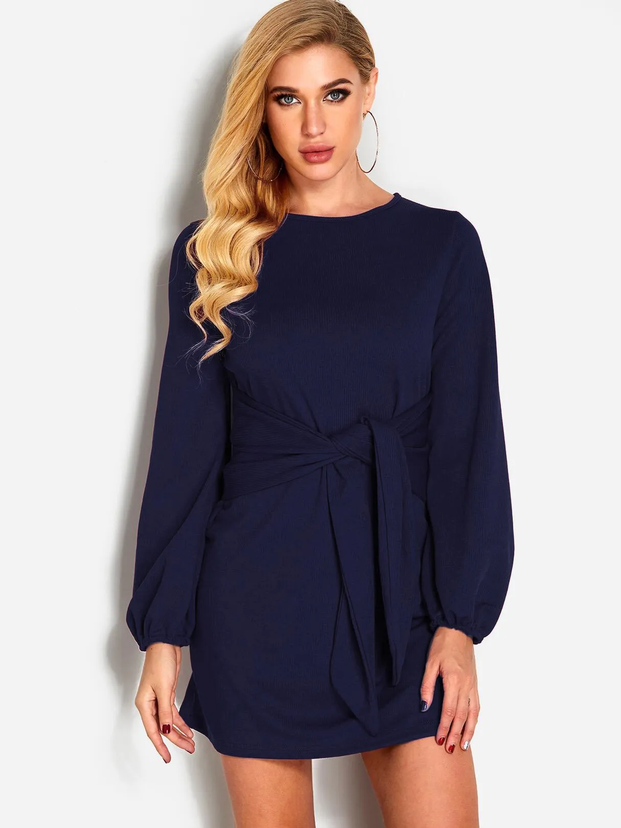 Wholesale Round Neck Long Sleeve Self-Tie Casual Dress