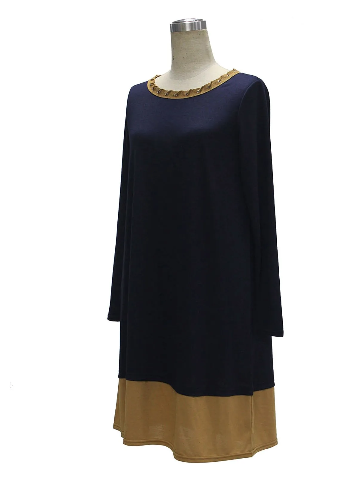 Wholesale Round Neck Long Sleeve Stitching Hem Navy Casual Dresses