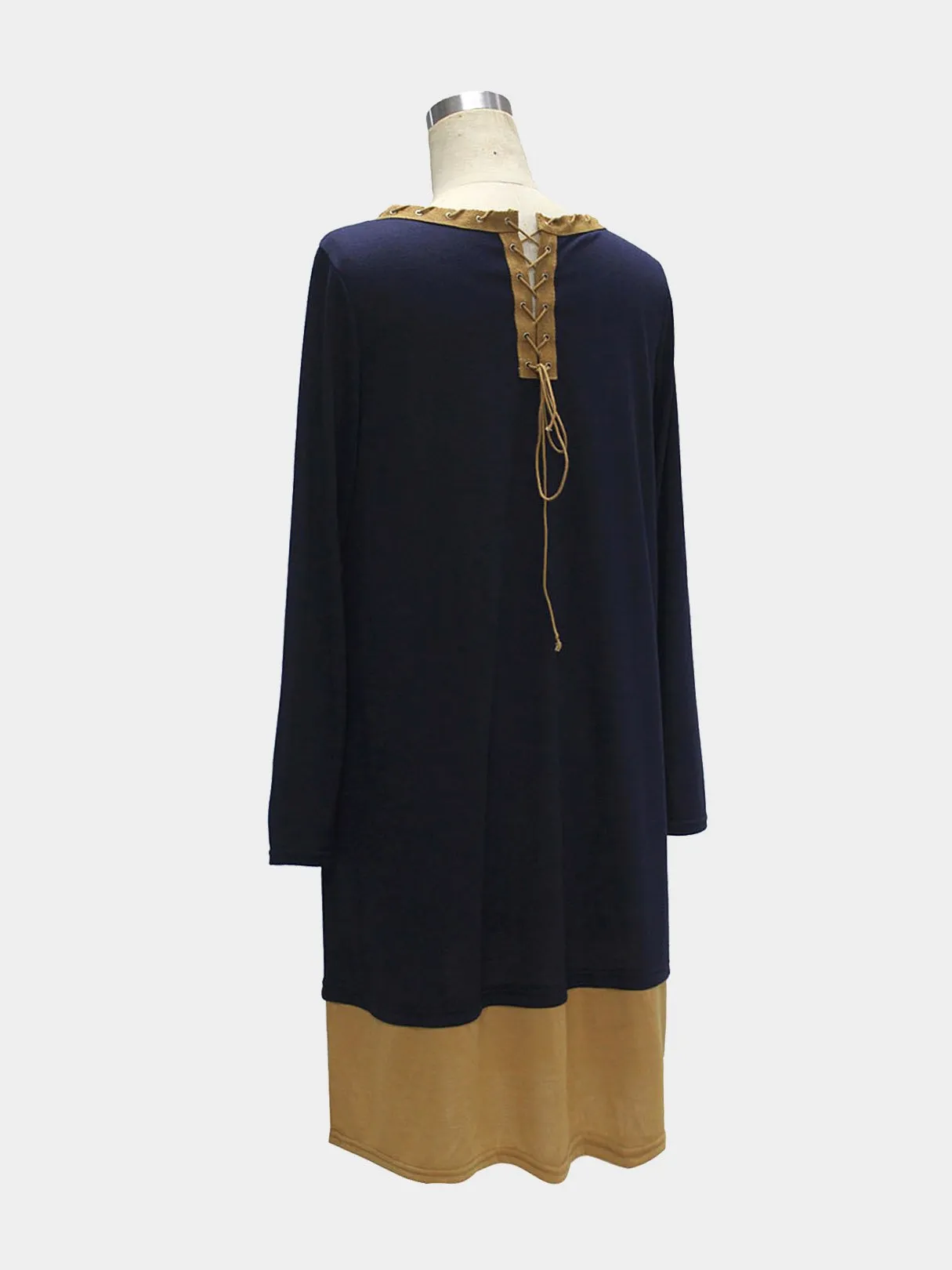 Wholesale Round Neck Long Sleeve Stitching Hem Navy Casual Dresses