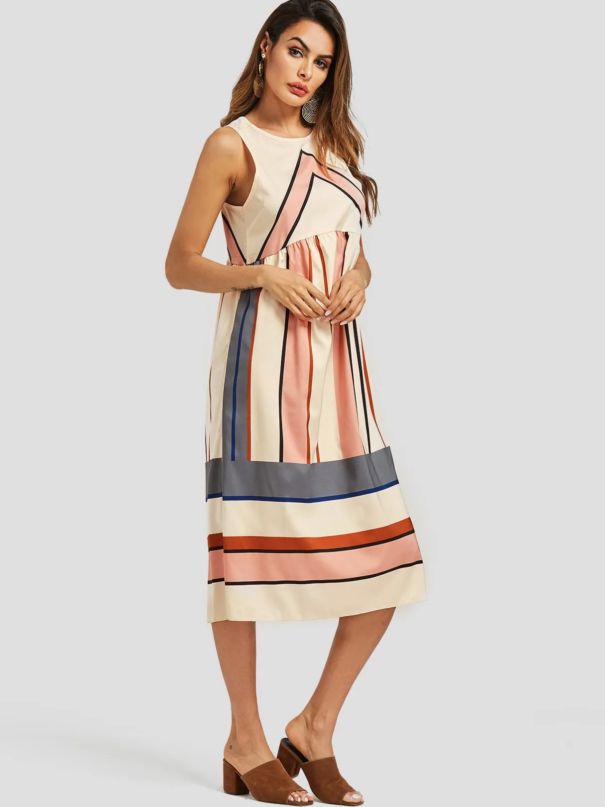 Wholesale Round Neck Sleeveless Stripe Casual Dresses