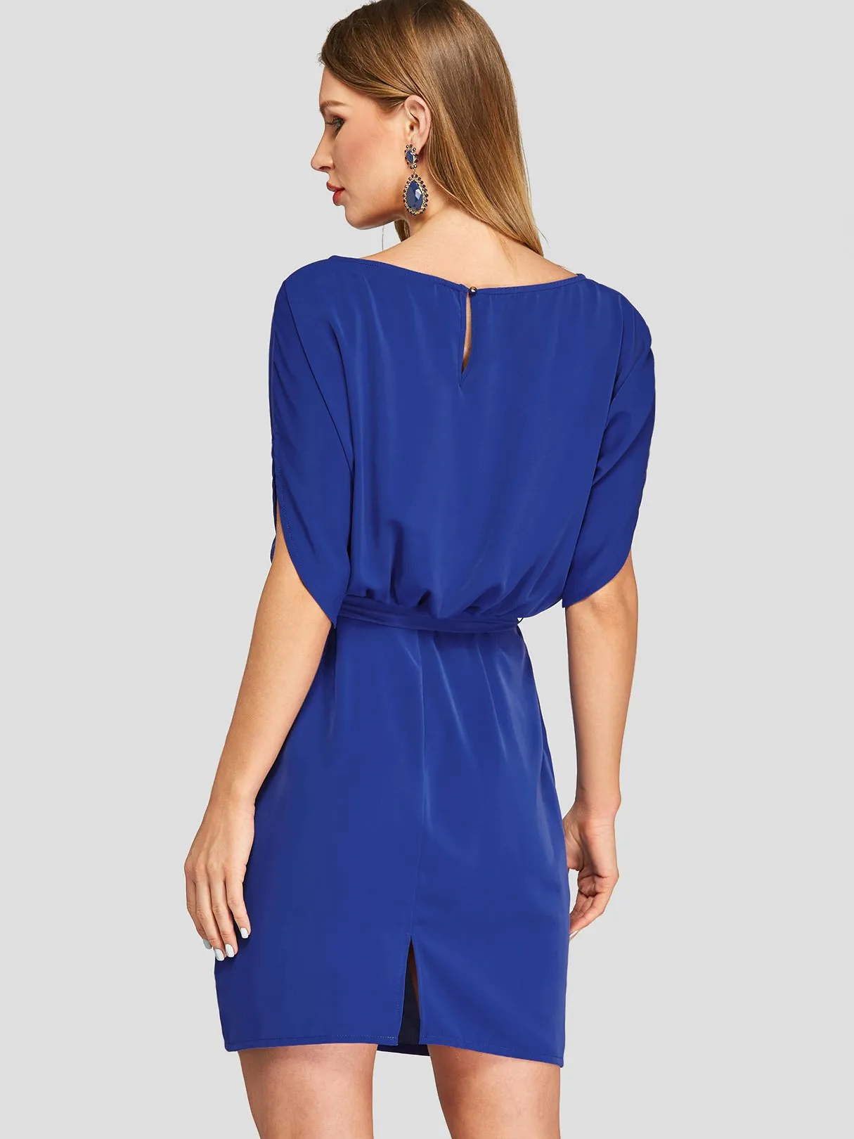 Wholesale Royal Blue Round Neck Half Sleeve Plain Belt Casual Dress