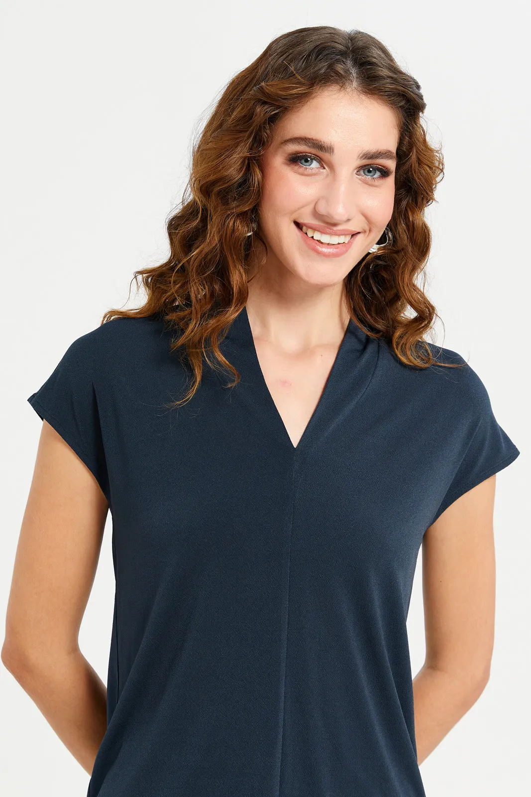 Women Navy Plain Drop Shoulder Jersey Top