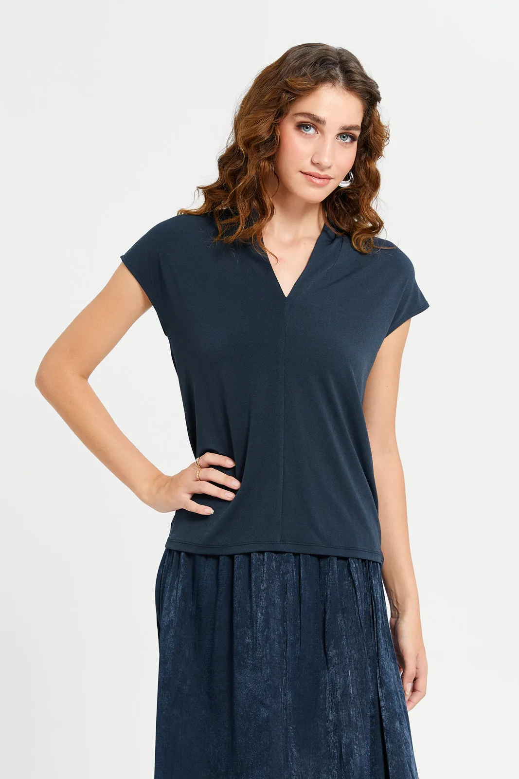 Women Navy Plain Drop Shoulder Jersey Top