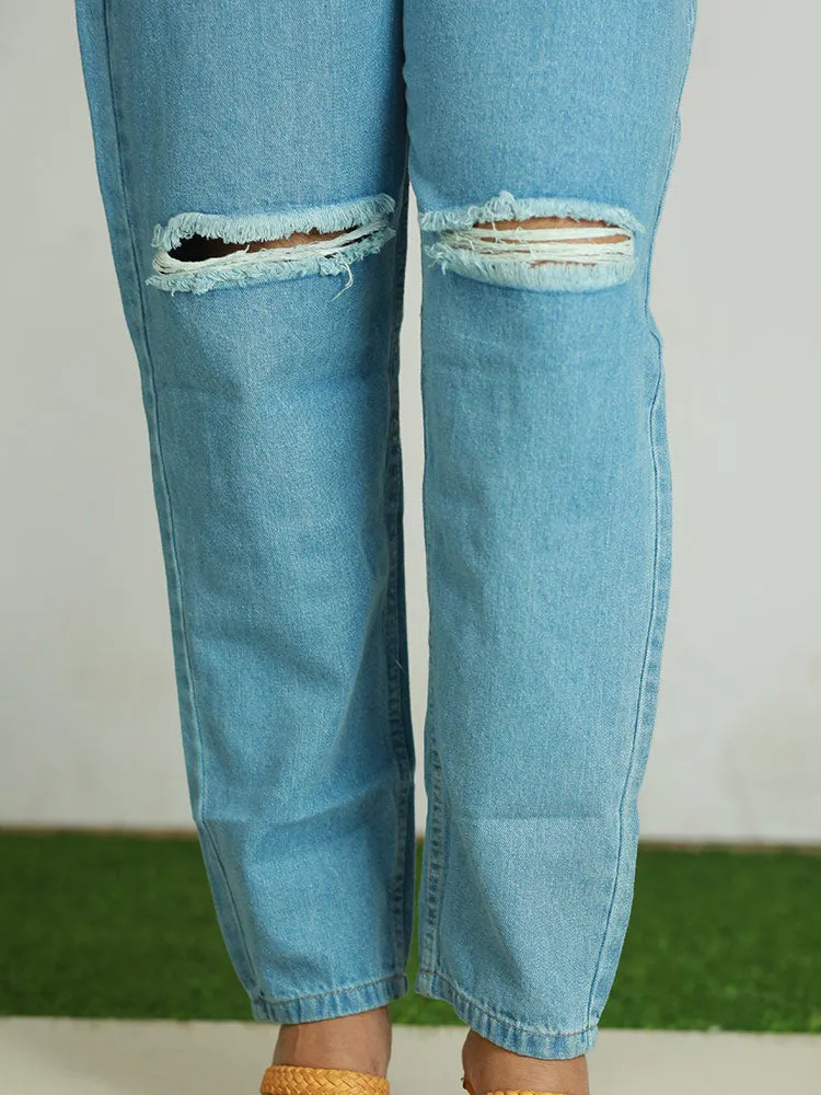 Women's Baggy Jeans - Denim with Patchwork Design - 499/-