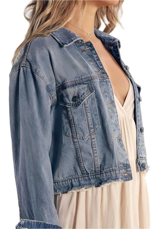 Womens Blue Denim Distressed Jean Jacket