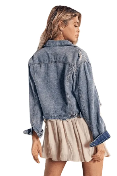 Womens Blue Denim Distressed Jean Jacket