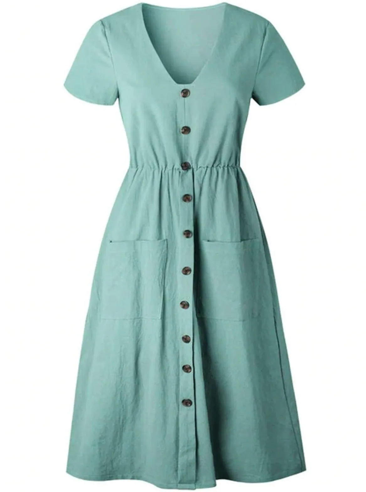 Women's Button Down Casual Dress With Front Square Pockets