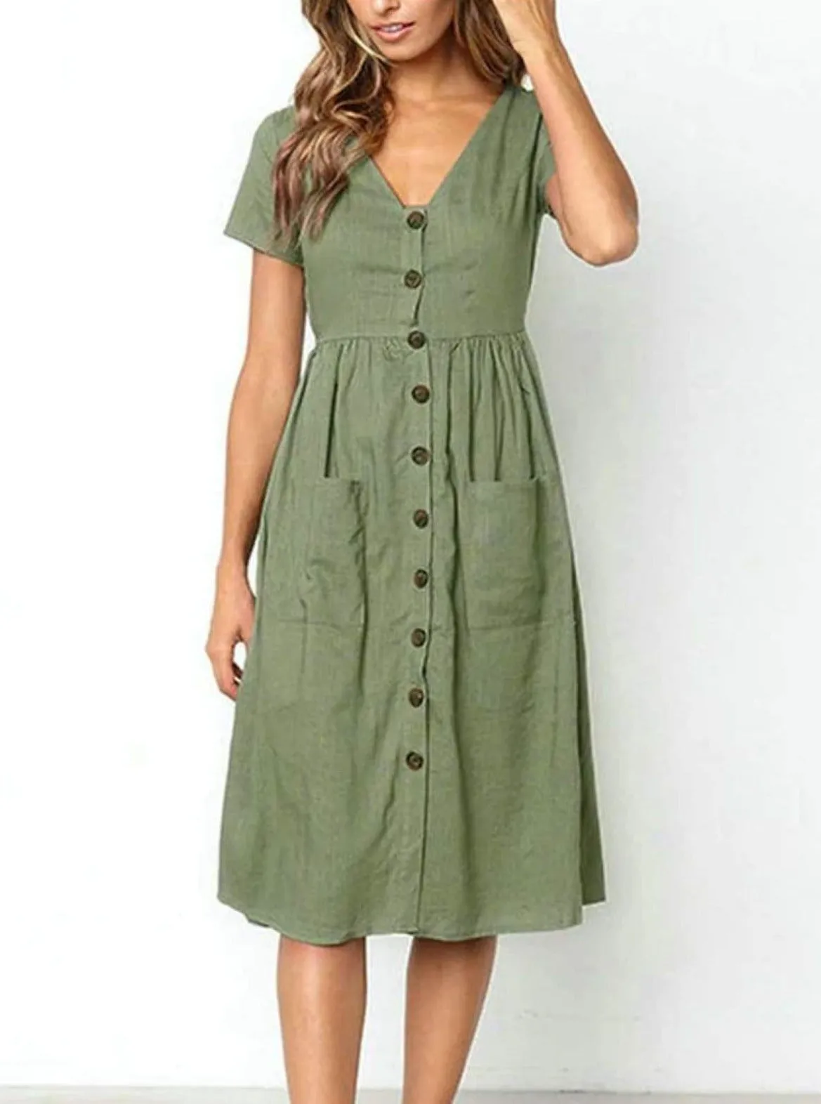 Women's Button Down Casual Dress With Front Square Pockets