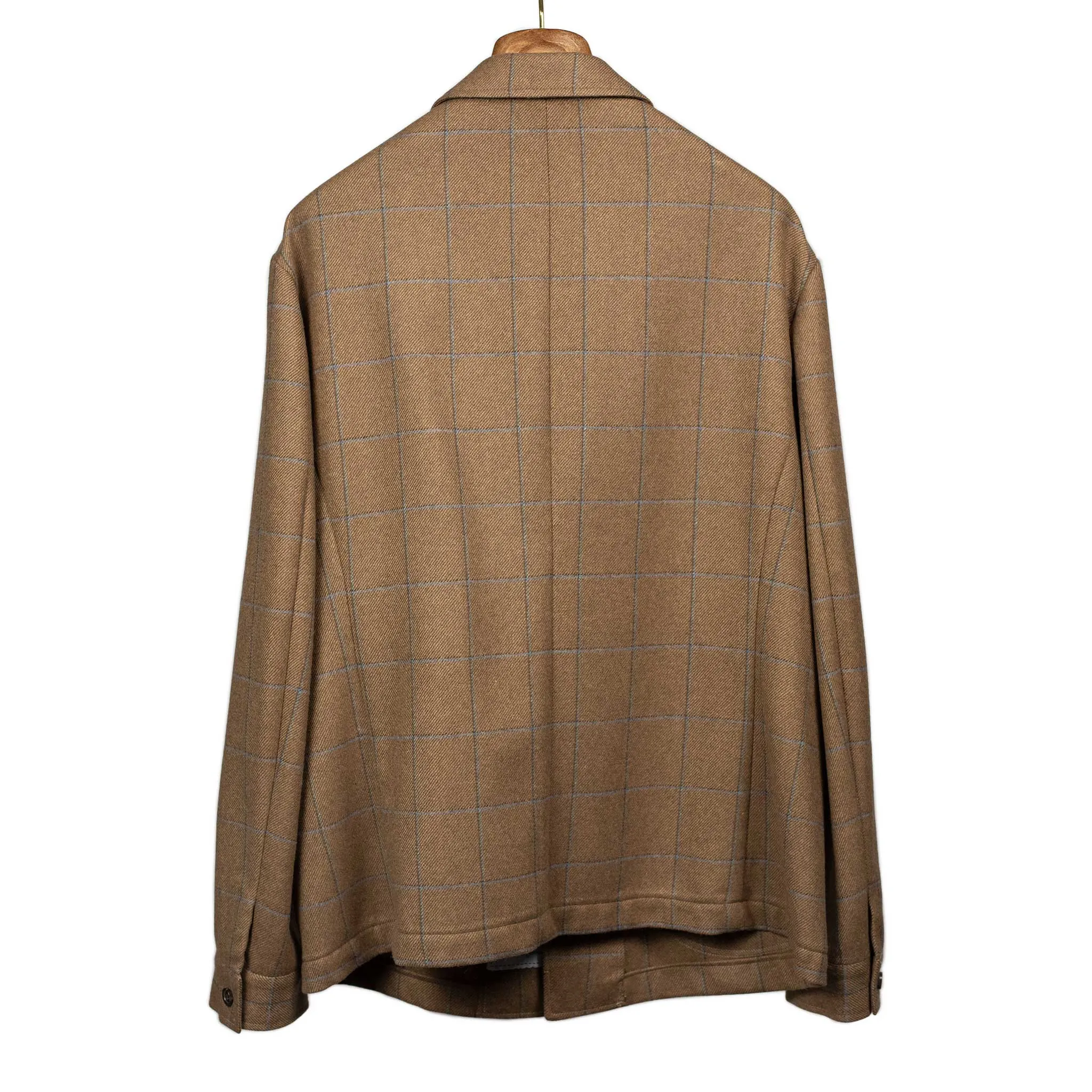 x Sartoria Carrara x Fox : chore jacket in deadstock Mocha wool flannel with brown and light blue windowpane